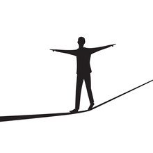 Businessman Walking On Rope. Risk Challenge In Business Concept