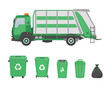 Garbage truck and garbage cans on white background. Ecology and recycle concept. Vector illustration. 