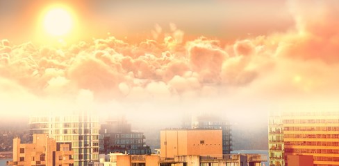 Poster - Composite image of scenic view of bright orange sun over