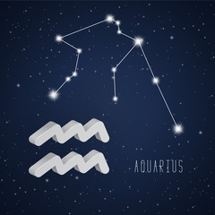 Vector illustration of Aquarius 3D symbol and constellation on the background of starry sky