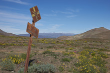 Old Railway Sign In The Atacama Desert Of Chile Alongside The Pan American Highway. Spring Flowers Resulting From Unusual Rain Cover The Surrounding Area.  