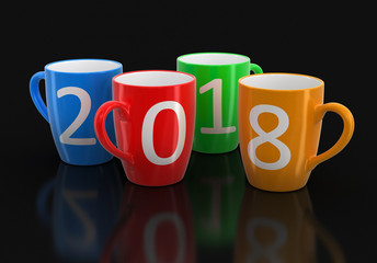 Poster - New Year 2018 on color cups. Image with clipping path