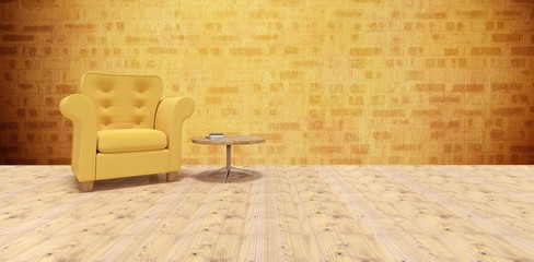 Poster - Composite image of yellow armchair by table on hardwood floor 