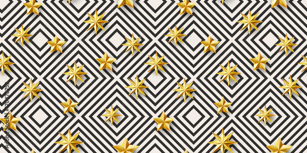 Golden stars on geometricsquared decor seamless pattern on zigzaz lines ...
