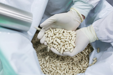 Pharmacist in the chemical production laboratory holds in two palms in sterile gloves manufactured tablets.