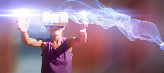 Poster - Composite image of young girl carrying a virtual reality glasses