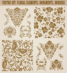 Wall Mural - Set of gold damask seamless ornaments. Floral elements, corners, ornate borders, filigree crowns, arabesque for design. Page, web royal decoration on background in vintage style. Vector illustration.