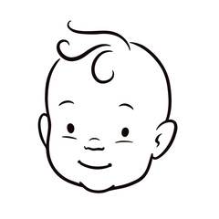 Black and white simple line vector cartoon illustration of a smiling baby face. Pen and ink hand drawing.