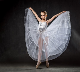 Ballerina. Cute little girl posing and dancing in studio. The girl is studying ballet.