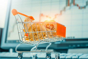 shopping trolley filled with shiny bitcoins by the computer displaying market chart