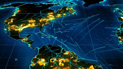 Poster - Striking 3d rendering of the communication world map with illuminated towns and villages, dark green forests, blue oceans and seas, moving liason lines, connecting people