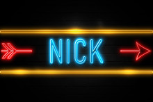 Nick  - Fluorescent Neon Sign On Brickwall Front View