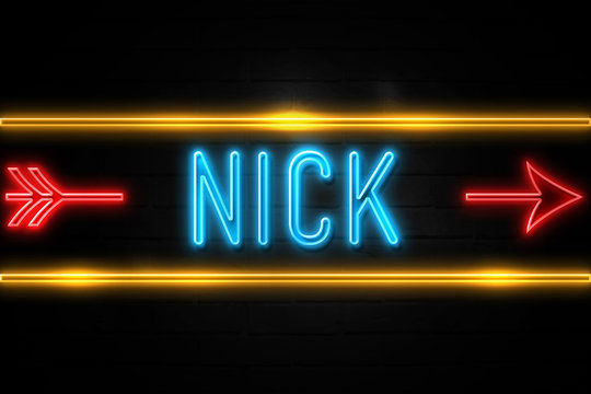 Nick  - fluorescent Neon Sign on brickwall Front view
