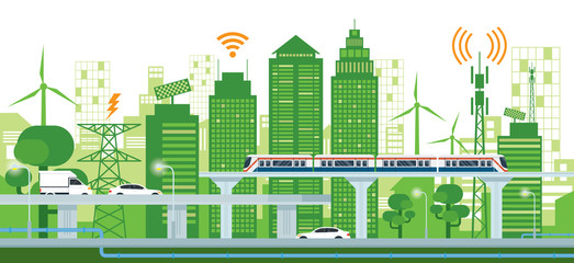 Cityscape with Infrastructure and Transportation, Smart City, Connected, Green and Clean Energy Concept