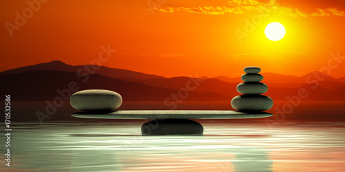 Zen stones scales on sunset background. 3d illustration Canvas Print