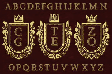 Wall Mural - Vintage initial logos kit. Coat of arms frames, patterned letters, isolated alphabet.