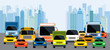 Vehicles on Road with Traffic Jam, Front View with City Background