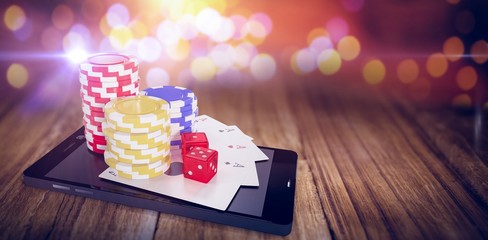 Poster - Composite image of playing cards with stack of casino tokens and