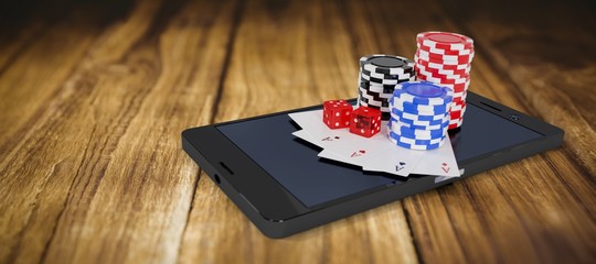 Poster - Composite image of stack of casino tokens with playing cards and