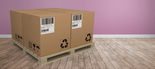 Poster - Composite image of cardboard boxes arranged on wooden pallet