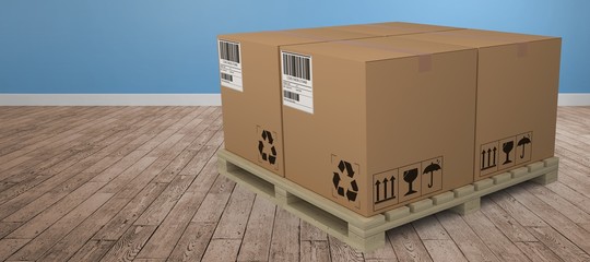 Canvas Print - Composite image of brown cardboard boxes arranged on wooden