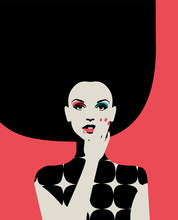 Portrait Of Fashionable Woman With Big Hairdo In Bright Colors On Pink Background. Retro Pop Art Style. Eps10 Vector