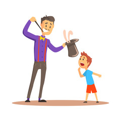 Sticker - Magician pulling out a rabbit from his top hat before happy boy, circus or street actor colorful cartoon detailed vector Illustration