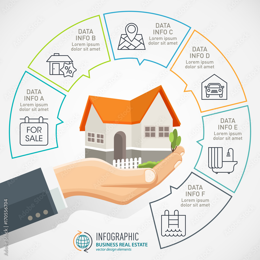Businessman holding a house. Real Estate business Infographic with ...