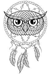 Wall Mural - Dream catcher with owl. Tattoo or adult antistress coloring page. Black and white hand drawn doodle for coloring book