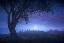 The Full Moon Rising In A Carpathian Mountain Valley