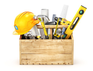 Wall Mural - Wooden box full of tools. 3d illustration