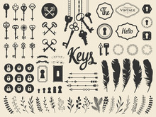 Vector Illustration With Design Illustrations For Decoration. Big Silhouettes Set Of Keys, Locks, Wreaths, Illustrations, Branch, Arrows, Feathers On White Background. Vintage Style.