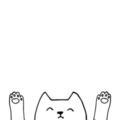 Cute vector cat face with paws, hand drawn outlines illustration