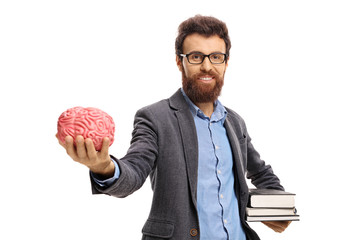 Canvas Print - Professor with books and a brain model