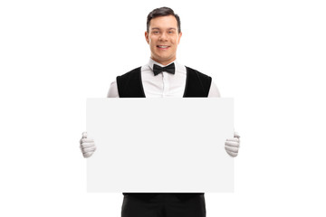 Poster - Waiter holding a blank cardboard sign and smiling