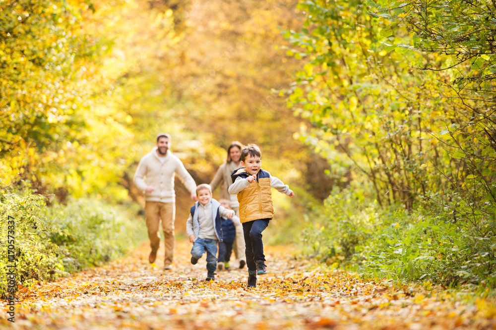 Beautiful young family on a walk in autumn forest. - obrazy, fototapety, plakaty 