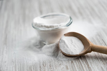 Glass Bowl Of Baking Soda. Spoonful Of Bicarbonate. Baking Soda, Sodium Bicarbonate, NaHCO3