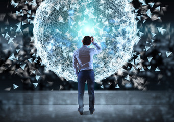 Poster - Businessman watching digital planet earth interface on a rooftop 3D rendering