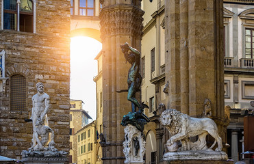 Wall Mural - Sculpture of Loggia dei Lanzi and Palazzo Vecchio on Piazza della Signoria in Florence, Italy.