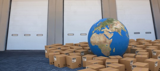 Poster - Composite image of 3d image of globe amidst cardboard boxes