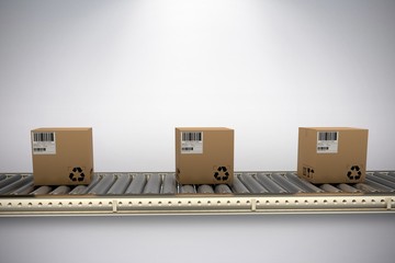 Poster - Composite image of packed courier on conveyor belt