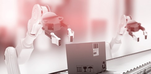 Poster - composite image of packed carton box on conveyor belt