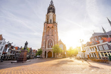 View On The New Church On The Central Square During The Sunny Morning In Delft City, Netherland