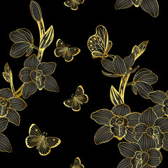 Sticker - Cymbidium orchids pattern by hand drawing.Gold flower vector on red background.Gold orchids seamless for wallpaper or batik batik cloth.