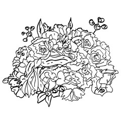  Black flowers contour for design, coloring books pages, wedding cards, invitations, congratulations, birthday. Flower bouquet for decoration, prints, posters, scrapbook, pattern, fabric, textile.