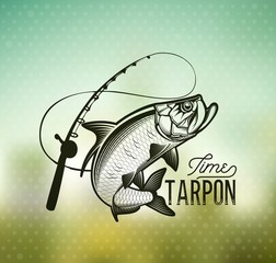 Wall Mural - Tarpon Fishing emblem on blur background