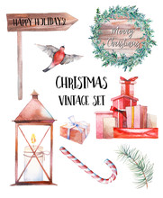 Christmas Illustration Set. Watercolor Vintage Objects Collection: Gift Boxes, Christmas Tree Wreath, Lantern, Bullfinch And Wood Sign. Isolated Holiday Icons On White Background