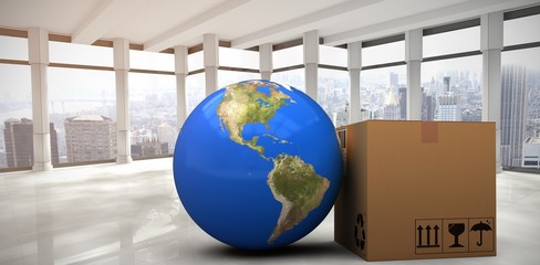 Poster - Composite image of 3d image of planet earth by cardboard box