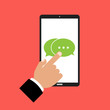 © nicescene - Businessman hand finger point to smartphone screen and chatting bubble speeches on green background. Vector illustration concept of online talking speak conversation and dialog design.