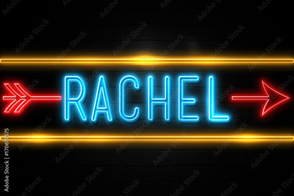 Rachel - fluorescent Neon Sign on brickwall Front view Stock ...